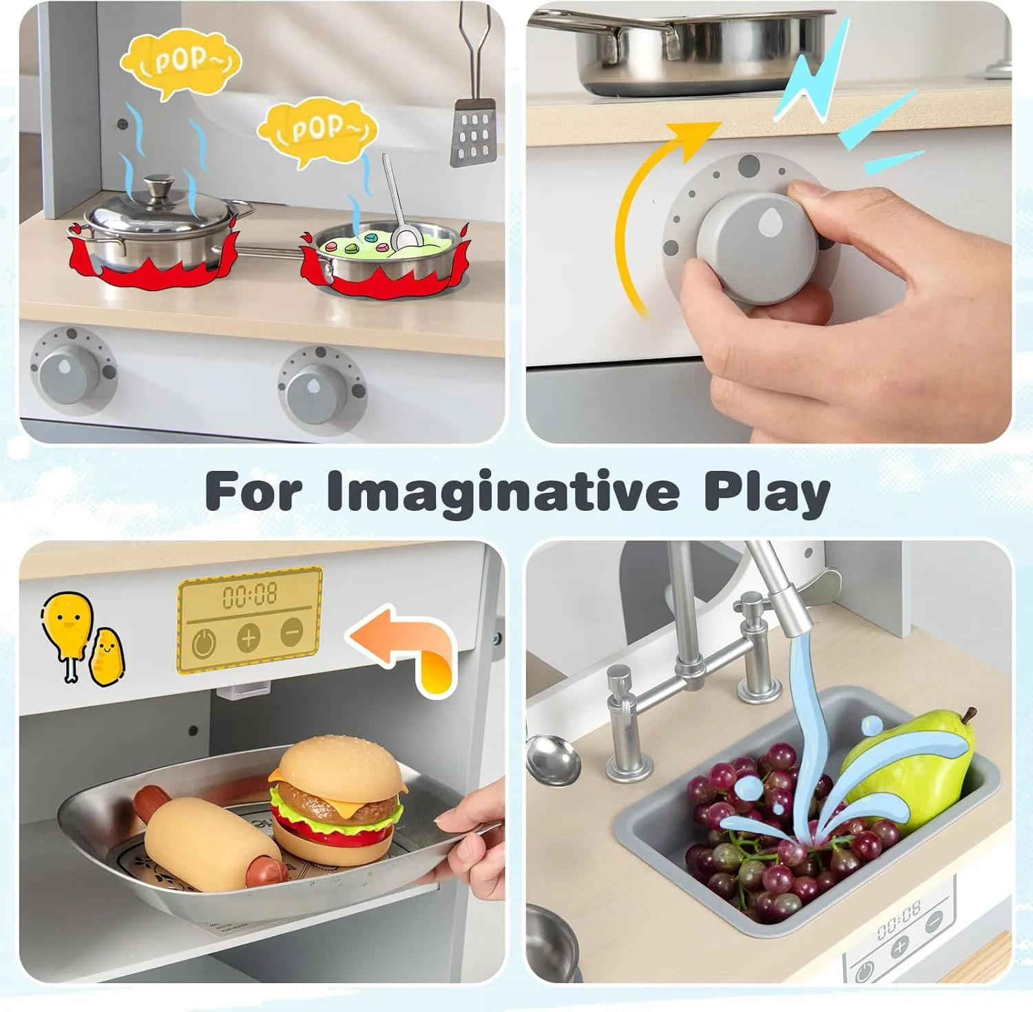 Sink, Storage Cabinet, Wooden Pretend Play Toy Kitchen Set, Gift for Boy Girl, Gray HONEY JOY gloss Kids Kitchen Playset, Double Side Little Chef Play Kitchen for Toddler & Restaurant, Cookware, Microwave, 