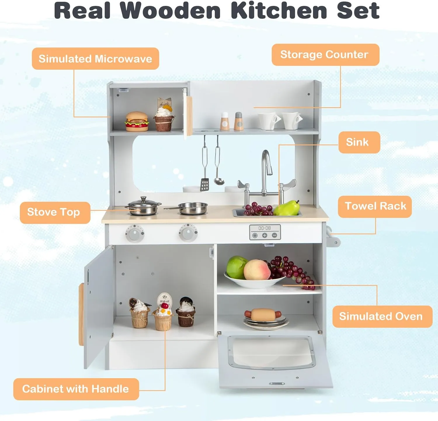 Sink, Storage Cabinet, Wooden Pretend Play Toy Kitchen Set, Gift for Boy Girl, Gray HONEY JOY gloss Kids Kitchen Playset, Double Side Little Chef Play Kitchen for Toddler & Restaurant, Cookware, Microwave, 