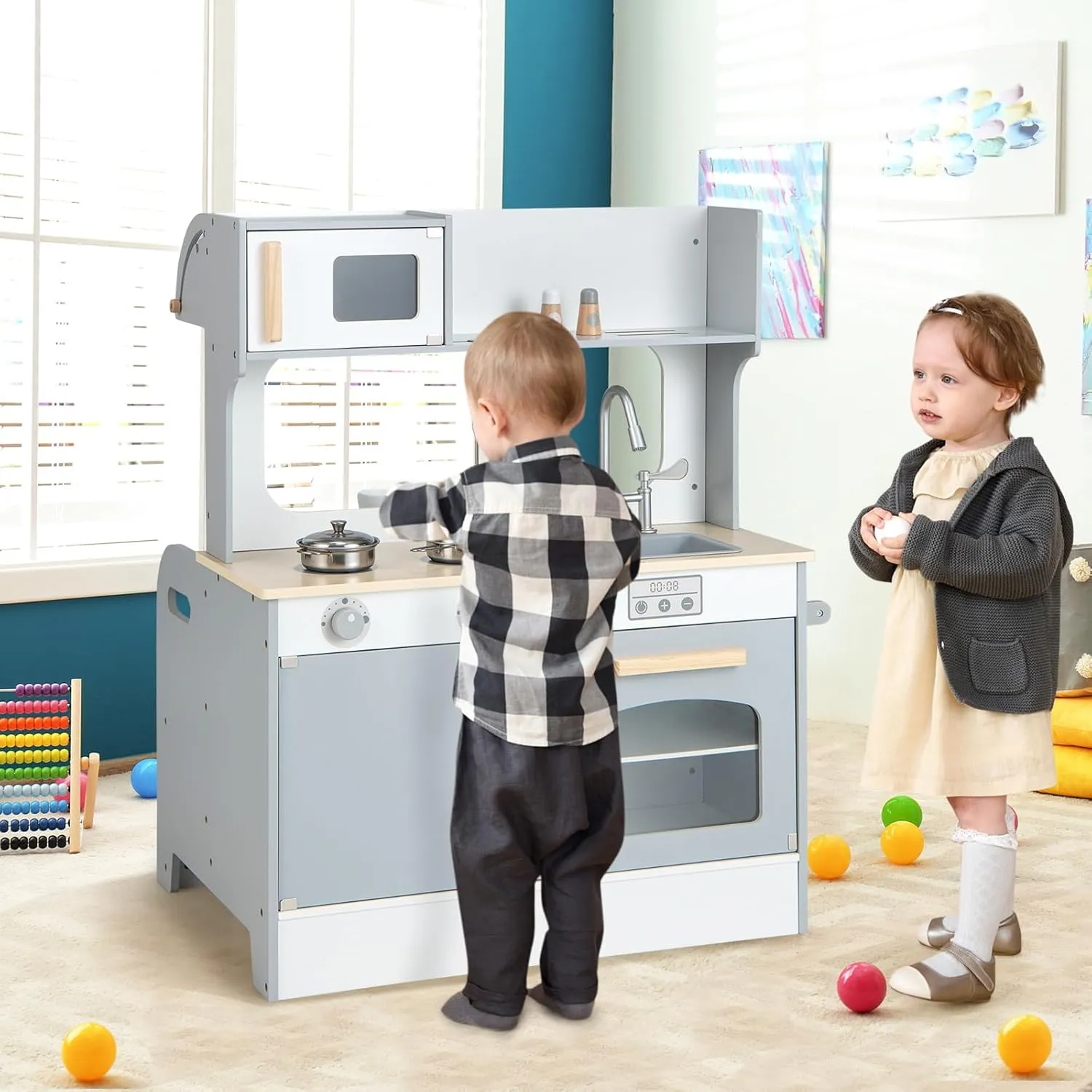 Sink, Storage Cabinet, Wooden Pretend Play Toy Kitchen Set, Gift for Boy Girl, Gray HONEY JOY gloss Kids Kitchen Playset, Double Side Little Chef Play Kitchen for Toddler & Restaurant, Cookware, Microwave, 