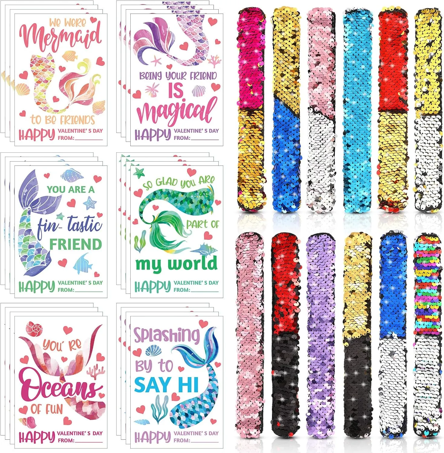 Slap Bracelets for Kids with 24 Mermaid Cards Reversible Sequins Slap Bracelets Wristbands for Valentines Undersea Birthday Party Favor Classroom Prizes Hanaive 24 ruminate fidelity spear Pack Valentines Day Mermaid Sequin 