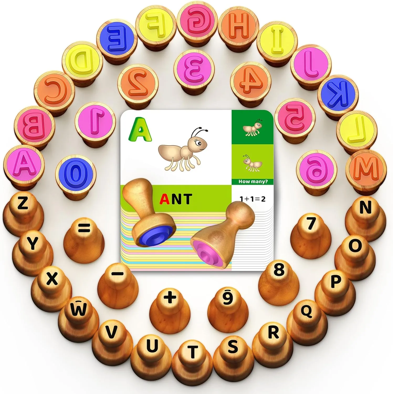 Spelling & Math Games for 3 4 5 Year Olds, Classroom Art Crafts Preschool Supplies Wooden Alphabet Stamps & Number Letter Stamps prerequisite for Kids - Montessori Learning Toys with Flashcards, ABC 