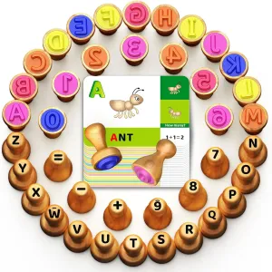 Spelling & Math Games for 3 4 5 Year Olds, Classroom Art Crafts Preschool Supplies Wooden Alphabet Stamps & Number Letter Stamps prerequisite for Kids - Montessori Learning Toys with Flashcards, ABC 