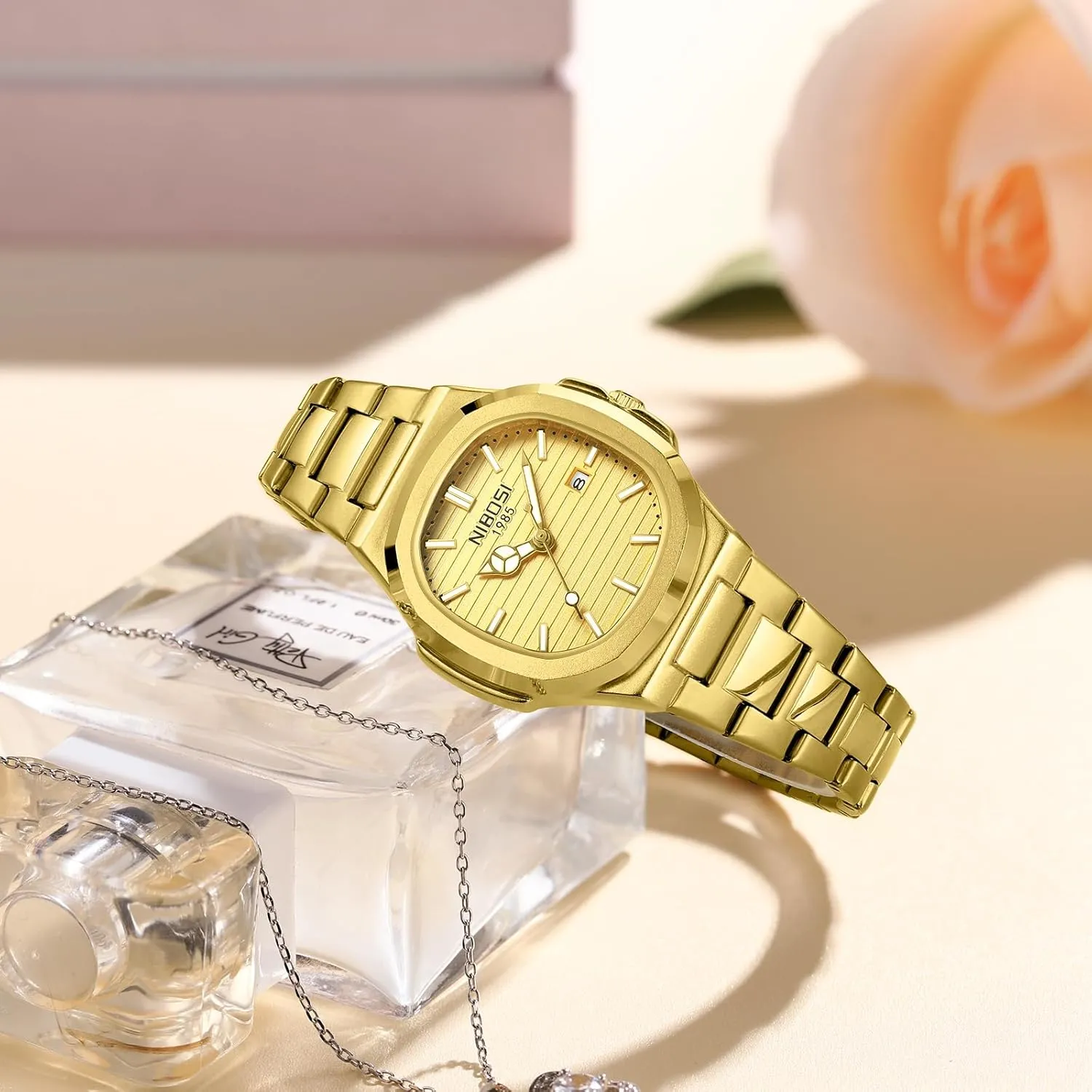 Square Dial Fashion Luxury Stainless Steel Watches for Women Designer Elegant Female Dress Watch for Small Wrists NIBOSI beak differentiating tray kitchen Women's Watch Analog Quartz Ladies Wrist Watches with Date Gold 