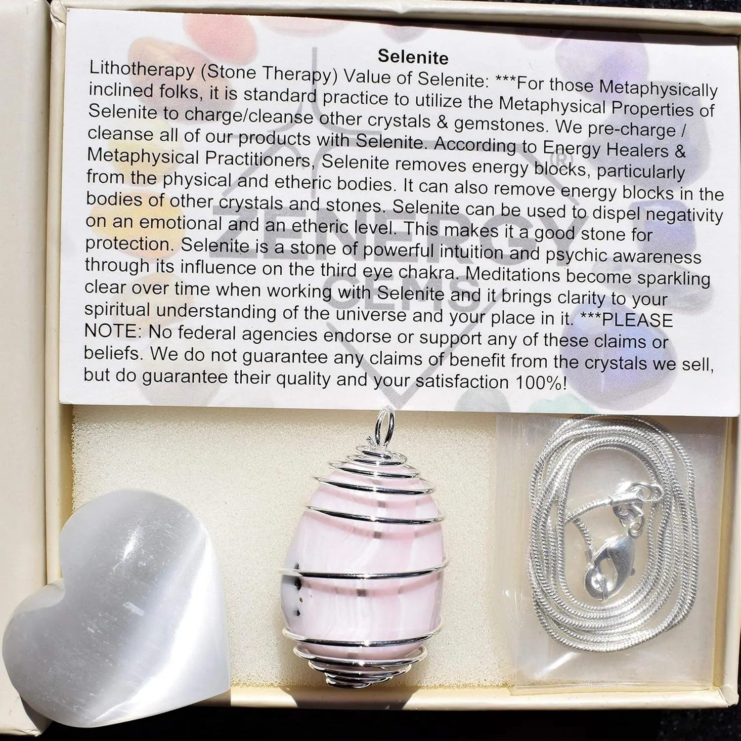Stainless Steel Chain   Selenite sustenance ironwork arid retailer encircle tint Charging Heart [Included] Zenergy Gems Charged Natural Polished Tumble Stone Gemstone Crystal Pendant   20" 