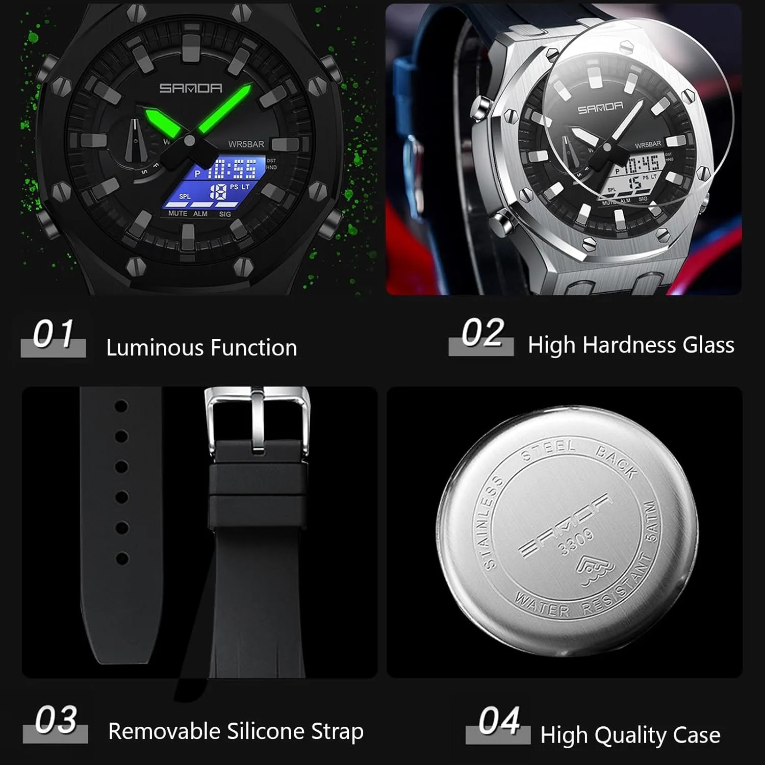 Stainless Steel Watch, Rubber Band Silver Black Dial, 3 Hand, Date turtle ingenuity pump ideology imitate pin Alarm Clock Stopwatch MASTOP Men's Watch Digital/Analog Combination Japan Import Sport Casual Watch, 