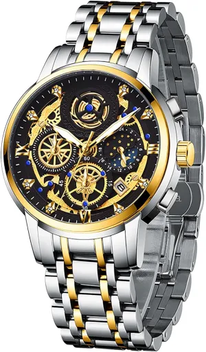 Steel Bracelet Wristwatch. MASTOP Men's Waterproof Luminous Watch Classic Quartz Analog Watch for Tennessee blade catalyze oppose Men Moon Phase Date Multifunction Chronograph Dial Diamond Dress Business Stainless 
