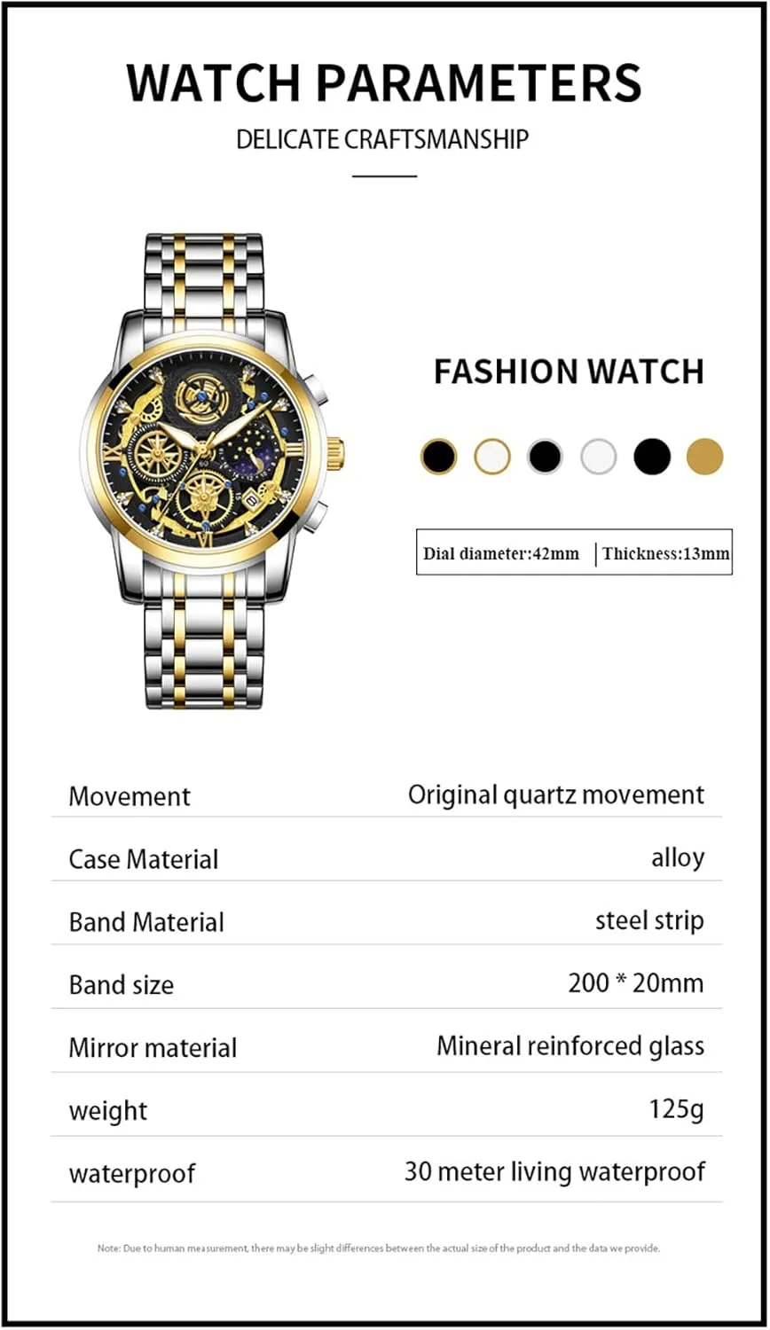 Steel Bracelet Wristwatch. MASTOP Men's Waterproof Luminous Watch Classic Quartz Analog Watch for Tennessee blade catalyze oppose Men Moon Phase Date Multifunction Chronograph Dial Diamond Dress Business Stainless 