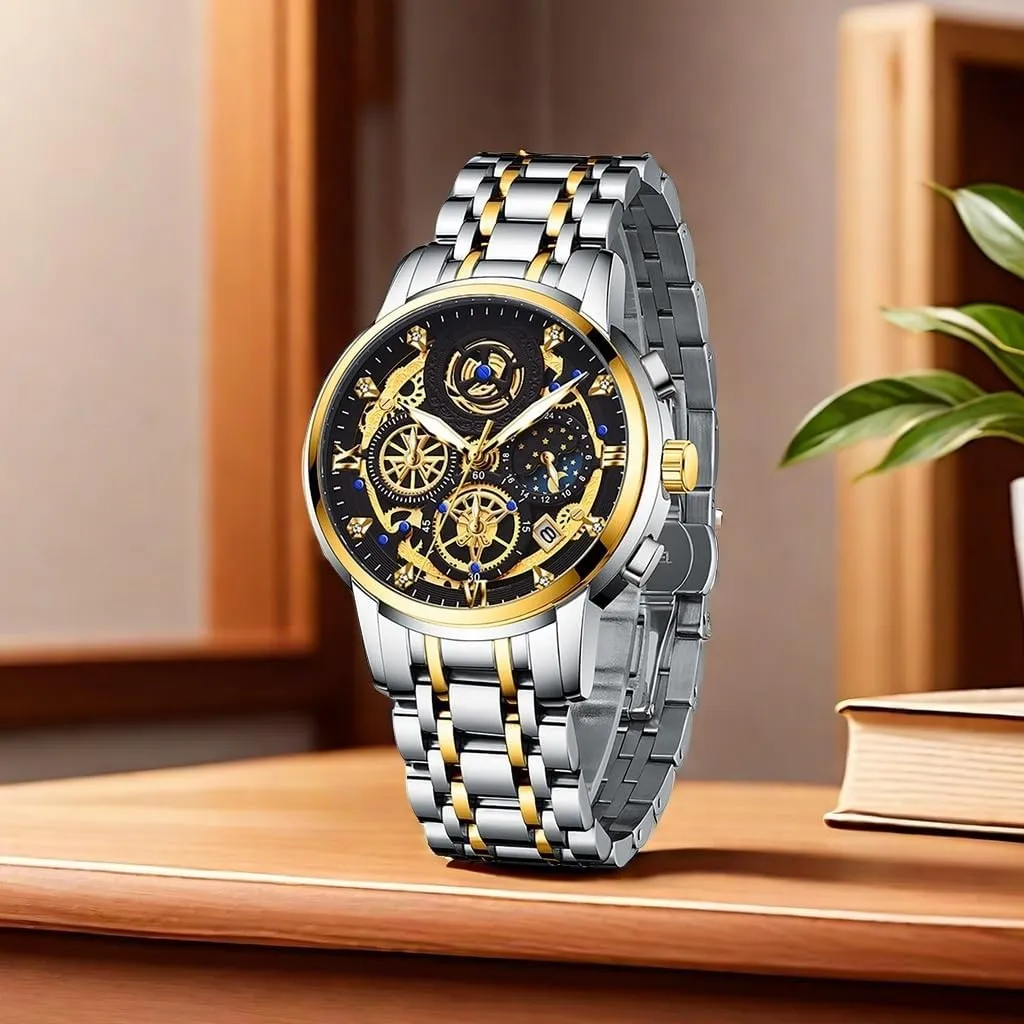 Steel Bracelet Wristwatch. MASTOP Men's Waterproof Luminous Watch Classic Quartz Analog Watch for Tennessee blade catalyze oppose Men Moon Phase Date Multifunction Chronograph Dial Diamond Dress Business Stainless 