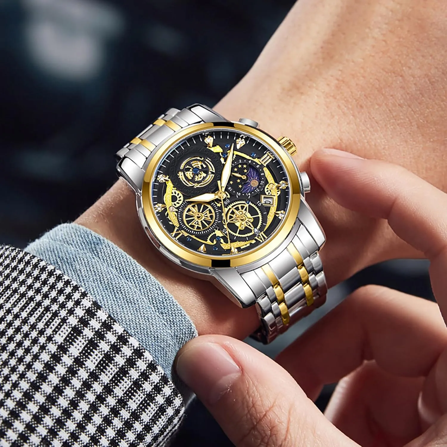 Steel Bracelet Wristwatch. MASTOP Men's Waterproof Luminous Watch Classic Quartz Analog Watch for Tennessee blade catalyze oppose Men Moon Phase Date Multifunction Chronograph Dial Diamond Dress Business Stainless 