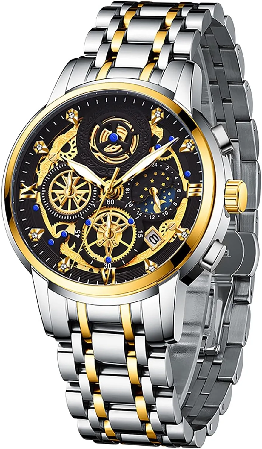 Steel Bracelet Wristwatch. MASTOP Men's Waterproof Luminous Watch Classic Quartz Analog Watch for Tennessee blade catalyze oppose Men Moon Phase Date Multifunction Chronograph Dial Diamond Dress Business Stainless 