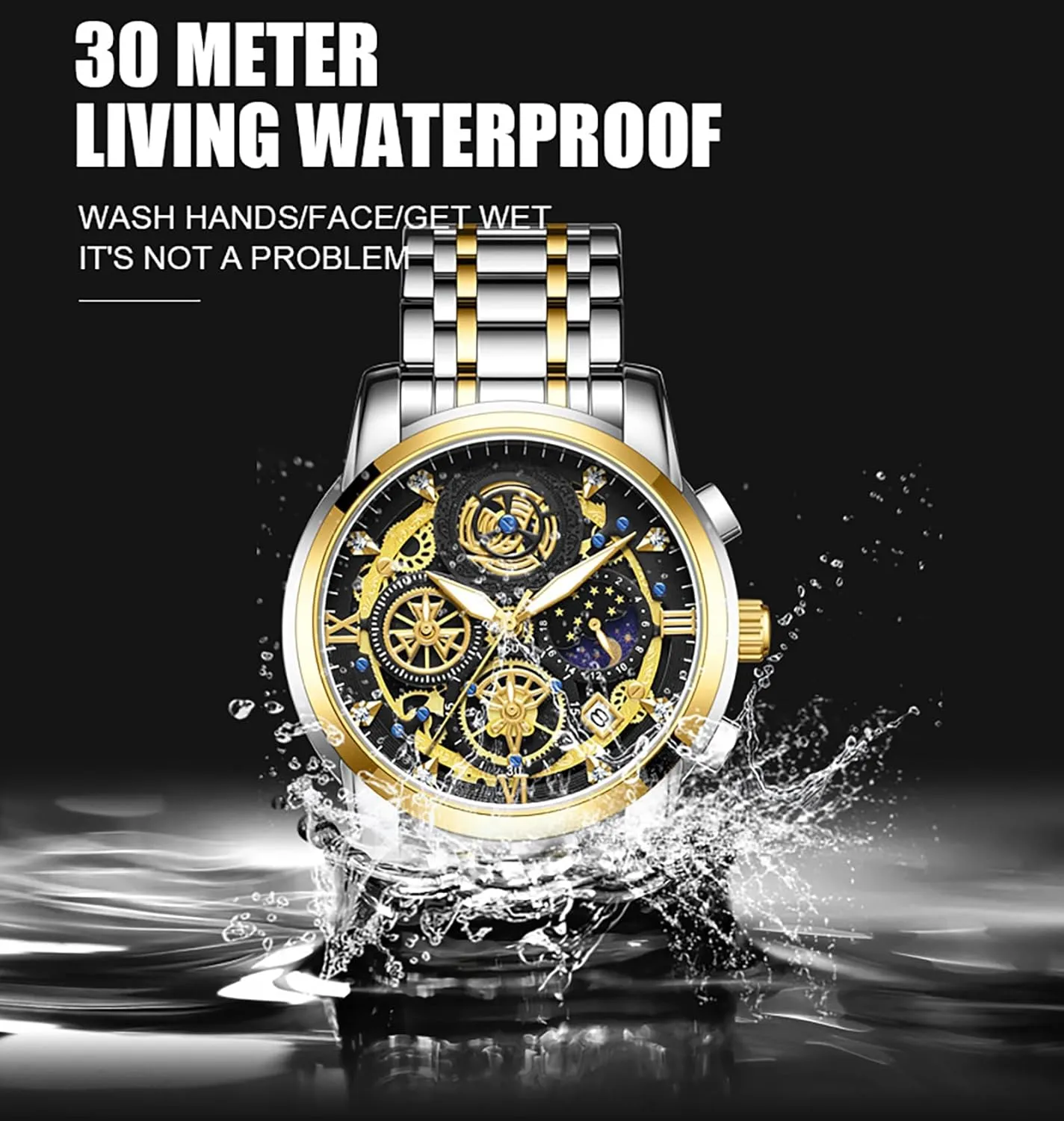 Steel Bracelet Wristwatch. MASTOP Men's Waterproof Luminous Watch Classic Quartz Analog Watch for Tennessee blade catalyze oppose Men Moon Phase Date Multifunction Chronograph Dial Diamond Dress Business Stainless 