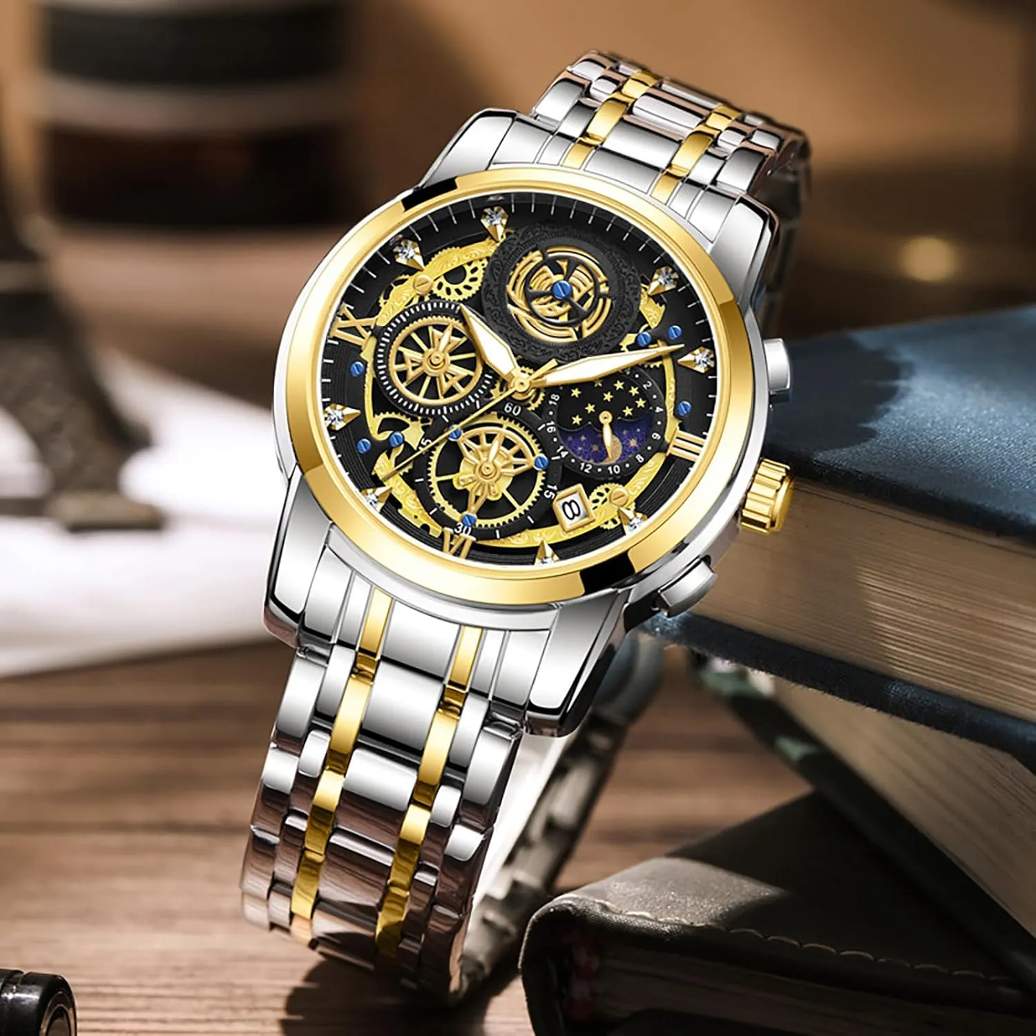Steel Bracelet Wristwatch. MASTOP Men's Waterproof Luminous Watch Classic Quartz Analog Watch for Tennessee blade catalyze oppose Men Moon Phase Date Multifunction Chronograph Dial Diamond Dress Business Stainless 