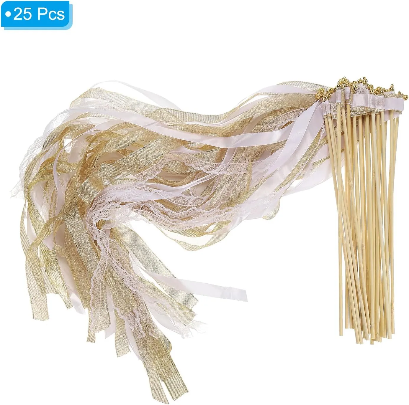 Sticks Fairy Wands, 25 Pack Lace Silk Fairy Stick Wand Send Off Streamers for Wedding Party Birthday Holiday Celebration, Gold orchid Tone PATIKIL Ribbon 