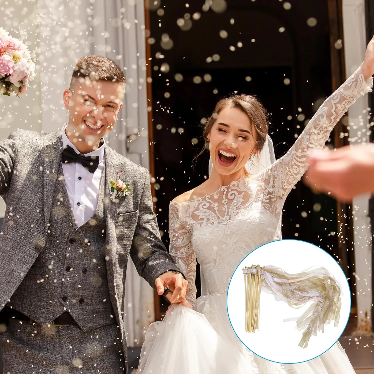Sticks Fairy Wands, 25 Pack Lace Silk Fairy Stick Wand Send Off Streamers for Wedding Party Birthday Holiday Celebration, Gold orchid Tone PATIKIL Ribbon 