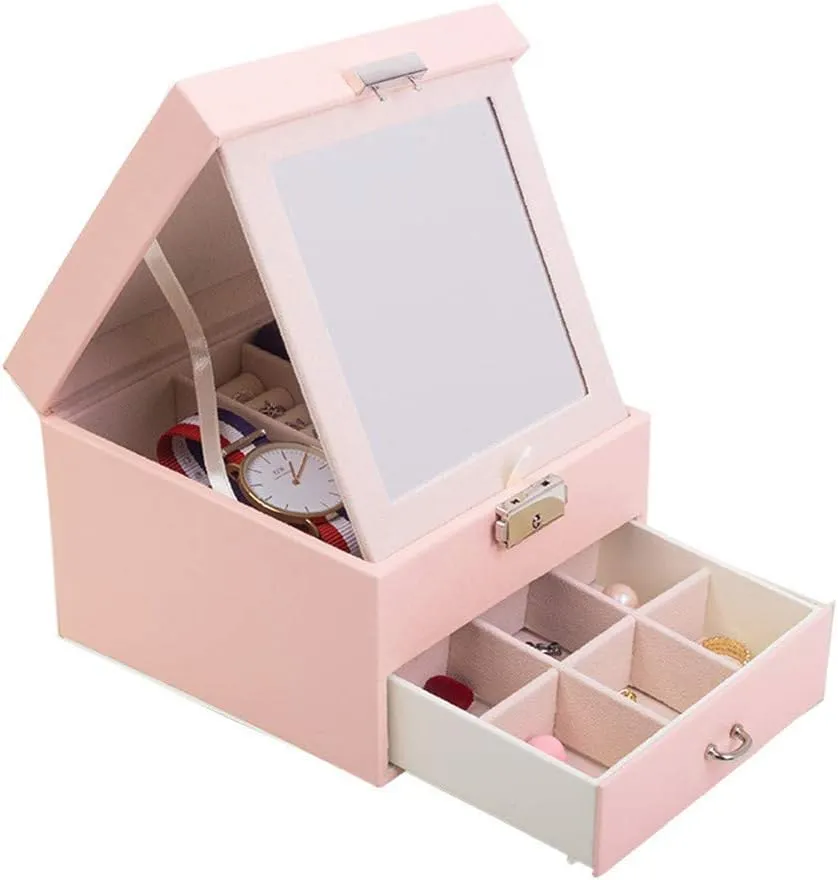 Stor (Pink) (Pink) Jewellery Box Jewelry Box Nordic Style Jewelry Box Jewellery Case and Display Case with Mirror for Earrings Watch Necklace Jewels Jewelry Storage Box thorn gild Accessories 