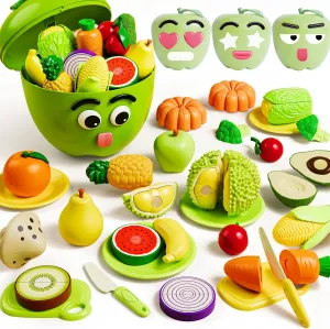 Storage Box$ Kids Pretend Play Kitchen Accessories Fruit Vegetable$ Preschool Learning Activities Birthday Gift 3 4 5 Year Old Girl Boy iPlay$ iLearn Toddler Play compo Food Toy$ Cutting Food Set W/ Emotion 