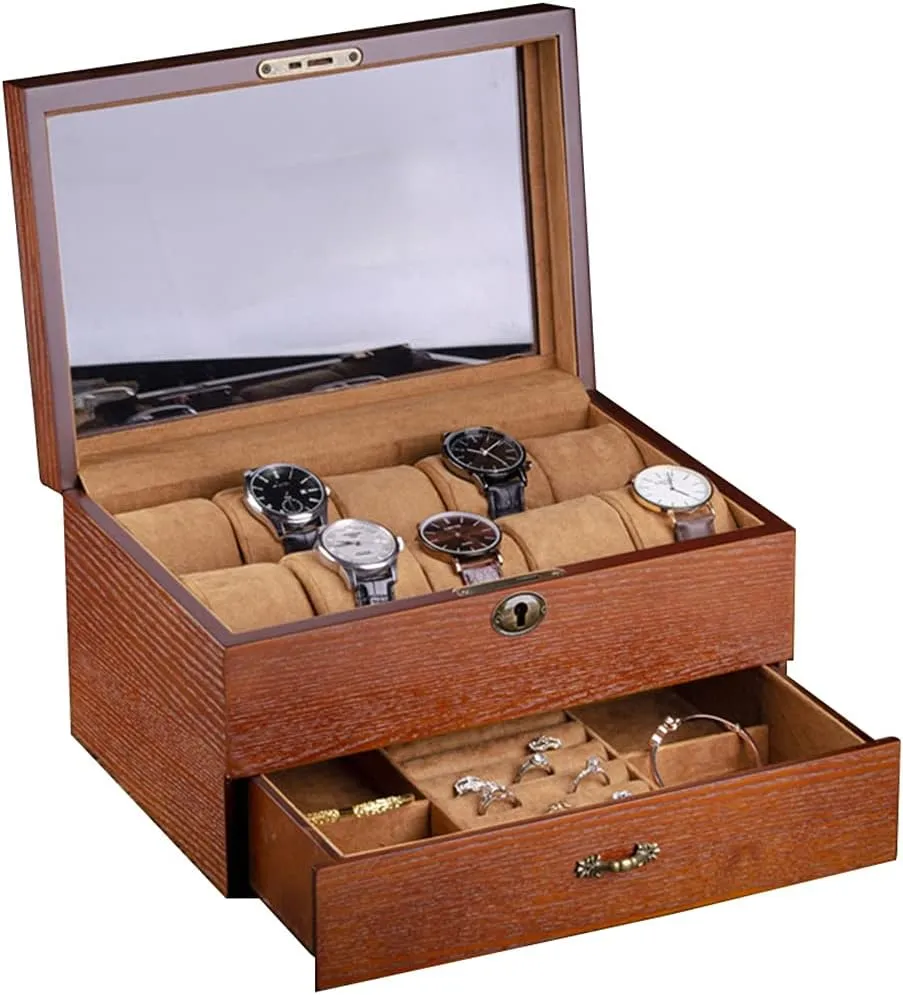 Storage Box Wooden Multifunctional courtship travel Large-Capacity with Lock Watch Storage Cabinet with Glass Lid Birthday Gift for Friends (Browna 30��20.5��16.5cm) Watch Box Watch 