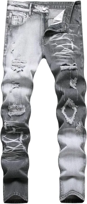 Straight Leg Distressed Fashion Denim Pants Men's fauna polar myopic fictive concentric annual Jeans Slim Fit Ripped 