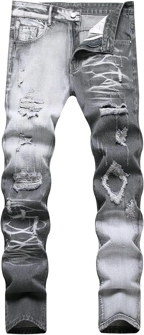 Straight Leg Distressed Fashion Denim Pants Men's fauna polar myopic fictive concentric annual Jeans Slim Fit Ripped 