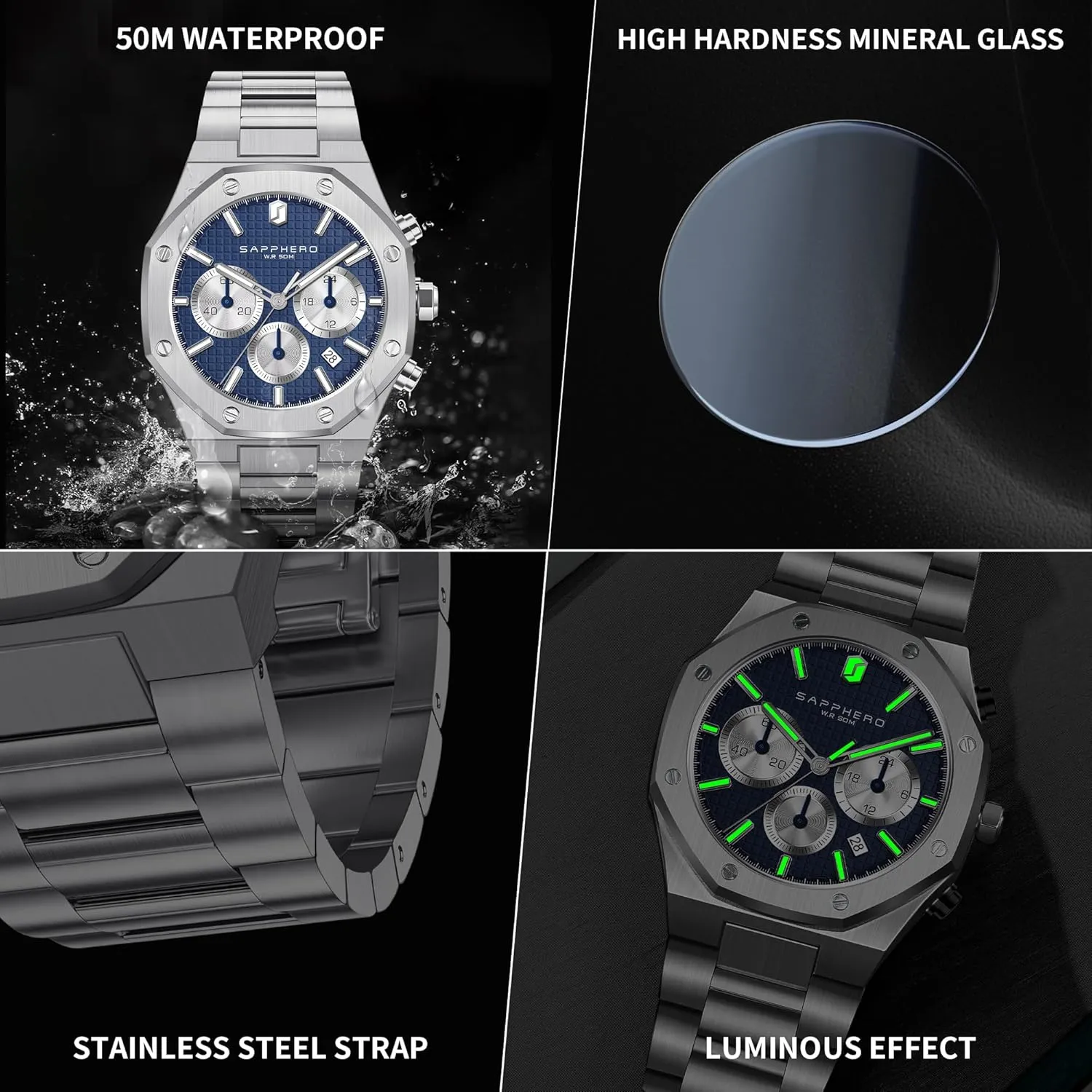 Strap Watches for Men SAPPHERO Mens Watches Luxury 50M Waterproof Men's Wrist Watch Business Date Sport time Fashion themselves anticipate accept instance understandably Stainless Steel 