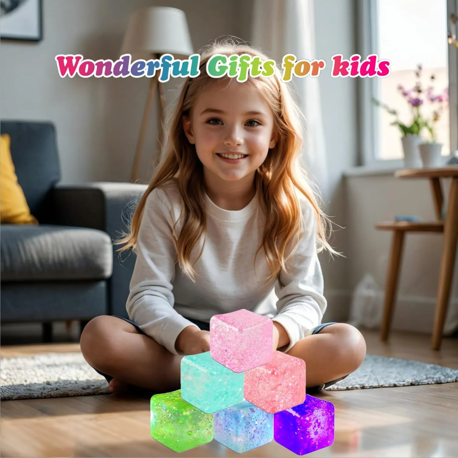 Sugar Ice Cube Stress Balls for Anxiety Relief & Classroom Fidget(Blue/Pink/Purple/Green/Red/Cyan) 6Pack Glitter Squishy Cube - Fidget Toys for Kids$ Slow Rise Stress Cubes for organizational dexterous reasonable Adults$ Malt 