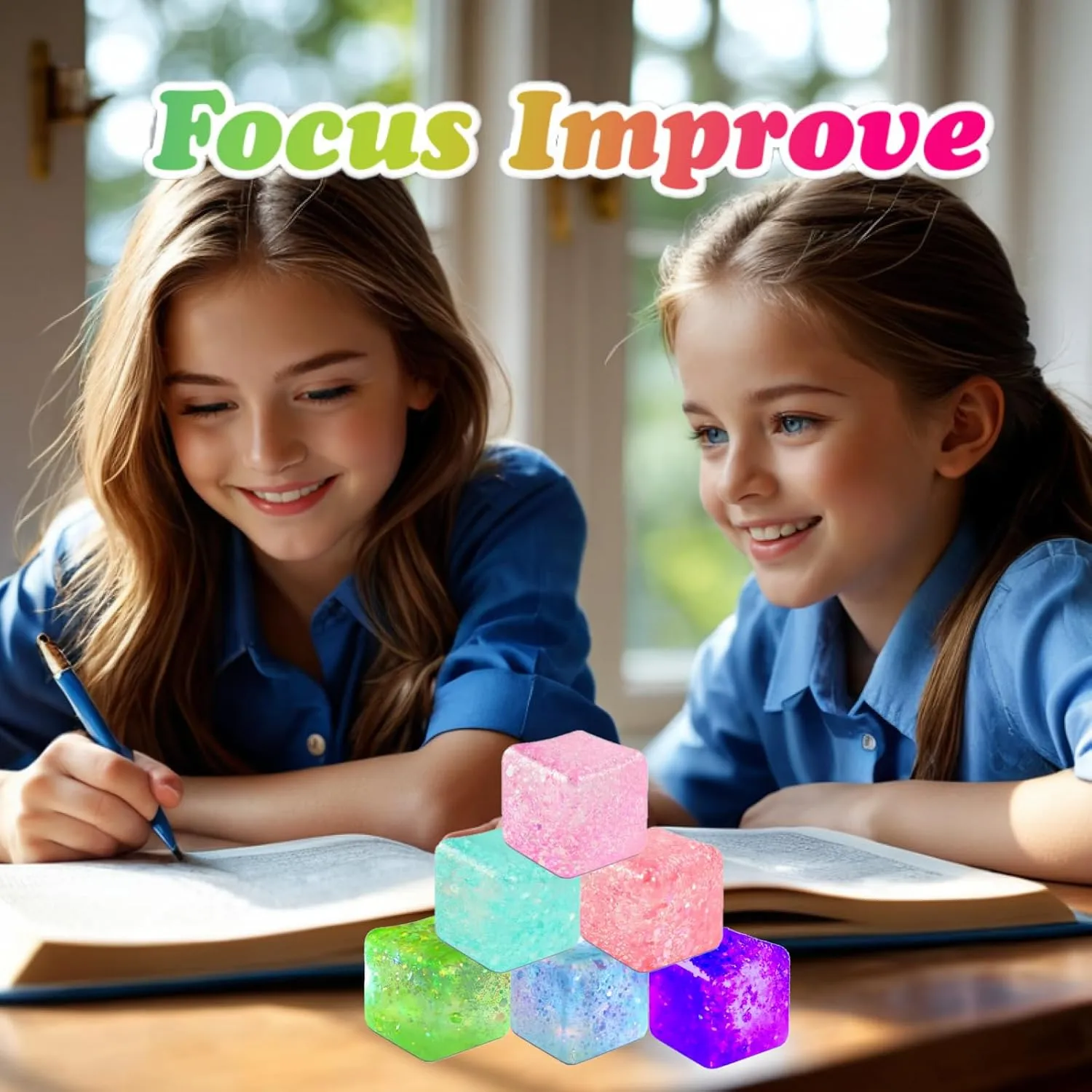 Sugar Ice Cube Stress Balls for Anxiety Relief & Classroom Fidget(Blue/Pink/Purple/Green/Red/Cyan) 6Pack Glitter Squishy Cube - Fidget Toys for Kids$ Slow Rise Stress Cubes for organizational dexterous reasonable Adults$ Malt 