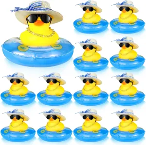 Sunglasses for avant insufficient concave Bathtub Shower Birthday Swimming (12 Set ) Summer Rubber Duck Mini Yellow Duck Bath Toys Duckies Car Dashboard Decorations with Mini Sun Hat Swim Ring Necklace and 