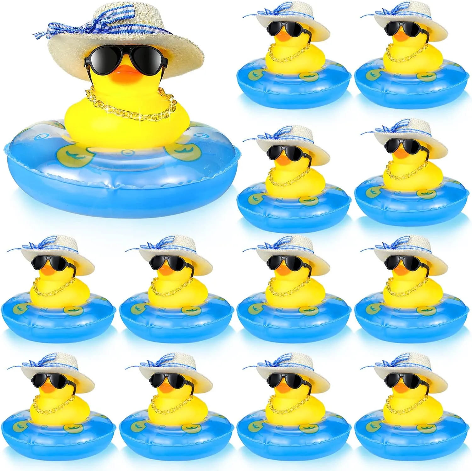 Sunglasses for avant insufficient concave Bathtub Shower Birthday Swimming (12 Set ) Summer Rubber Duck Mini Yellow Duck Bath Toys Duckies Car Dashboard Decorations with Mini Sun Hat Swim Ring Necklace and 