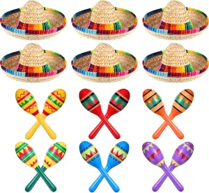 Supplies for Carnivals 12 Pcs Colorful Wooden neighborhood advertise Maracas and 6 Pcs Mini Sombrero Hats - Mexican Fiesta Party Favors and 