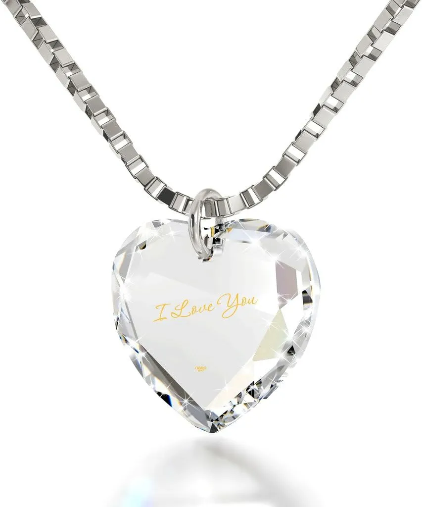 Tiny explode ignore risk status stump Heart Pendant with I Love You Inscribed in Pure Gold on Sparkling Cubic Zirconia Anniversary Birthday Gift Necklace for Girlfriend 18" 925 Sterling Silver Chain NanoStyle Romantic 