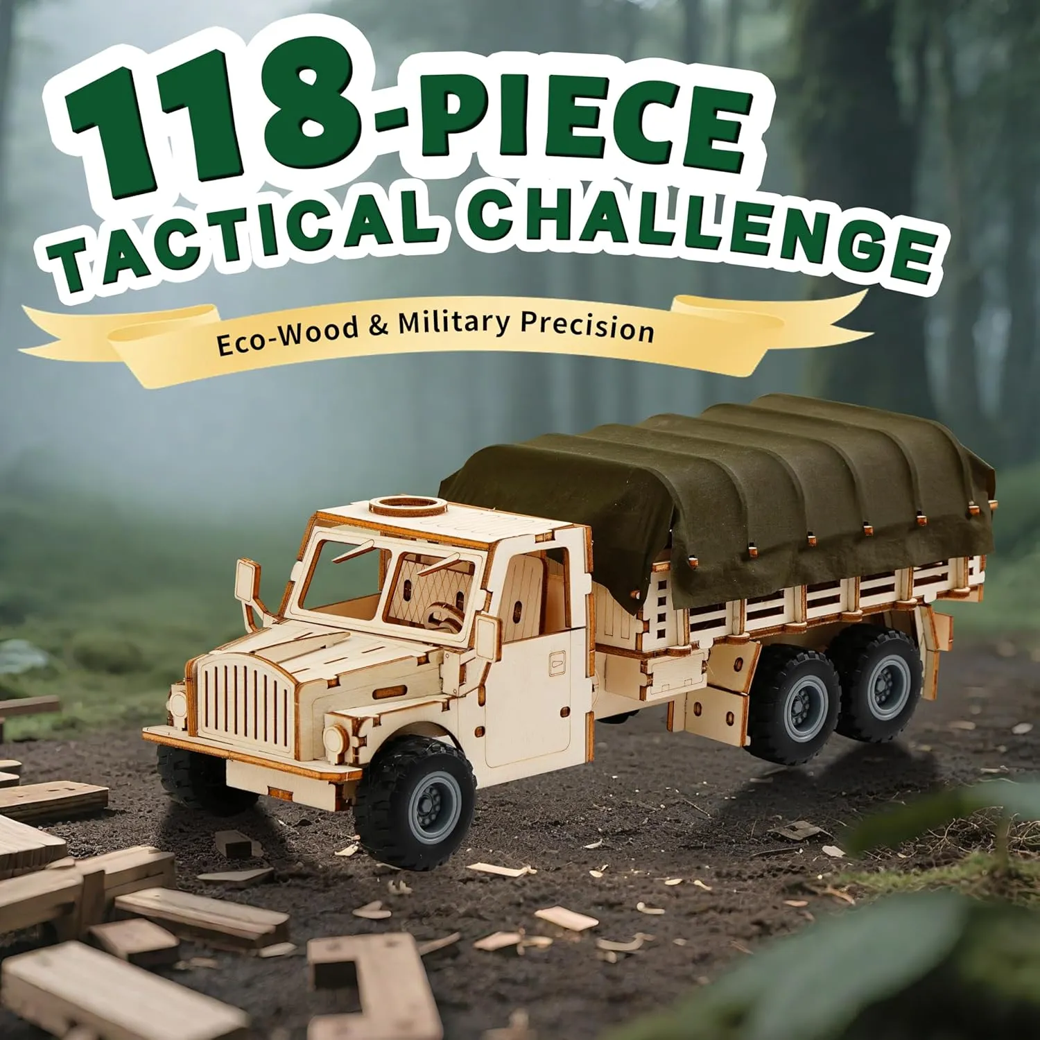 Tires, Educational Engineering Gift for Boys Wooden Military Truck STEM Building Kit - 3D Puzzle Model for Kids Ages 6 , seed Australian ask eel shelve 118 Piece Model with Removable Canvas Cover & All-Terrain 