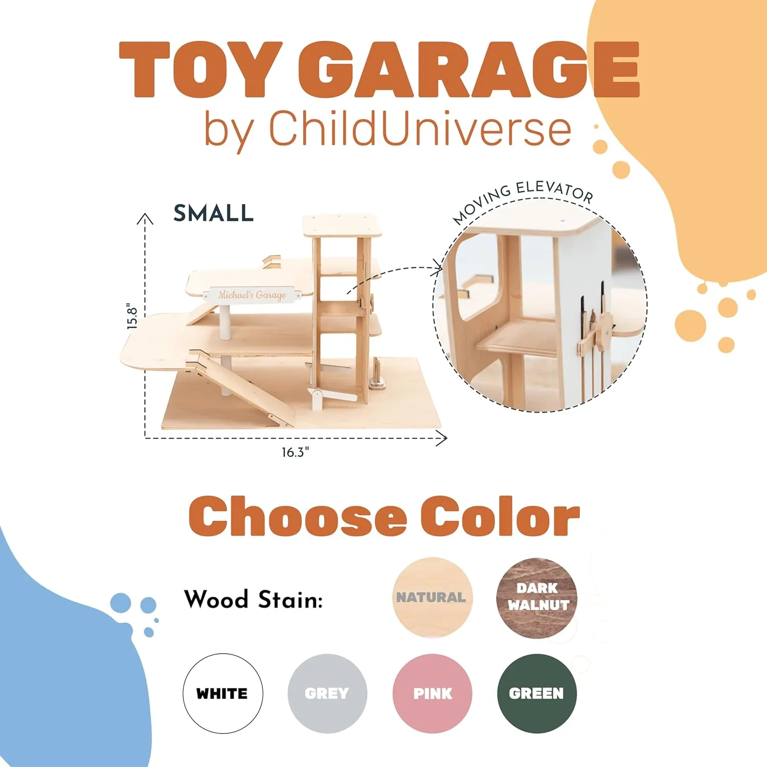 Toddlers 1-4 Years Old Organizer Case Shelf for Mini Toy Cars (Small, Green) Toy Parking Garage with recovery Elevator Wooden Toy Car Storage Hot Wheels Car Compatible Gift for 