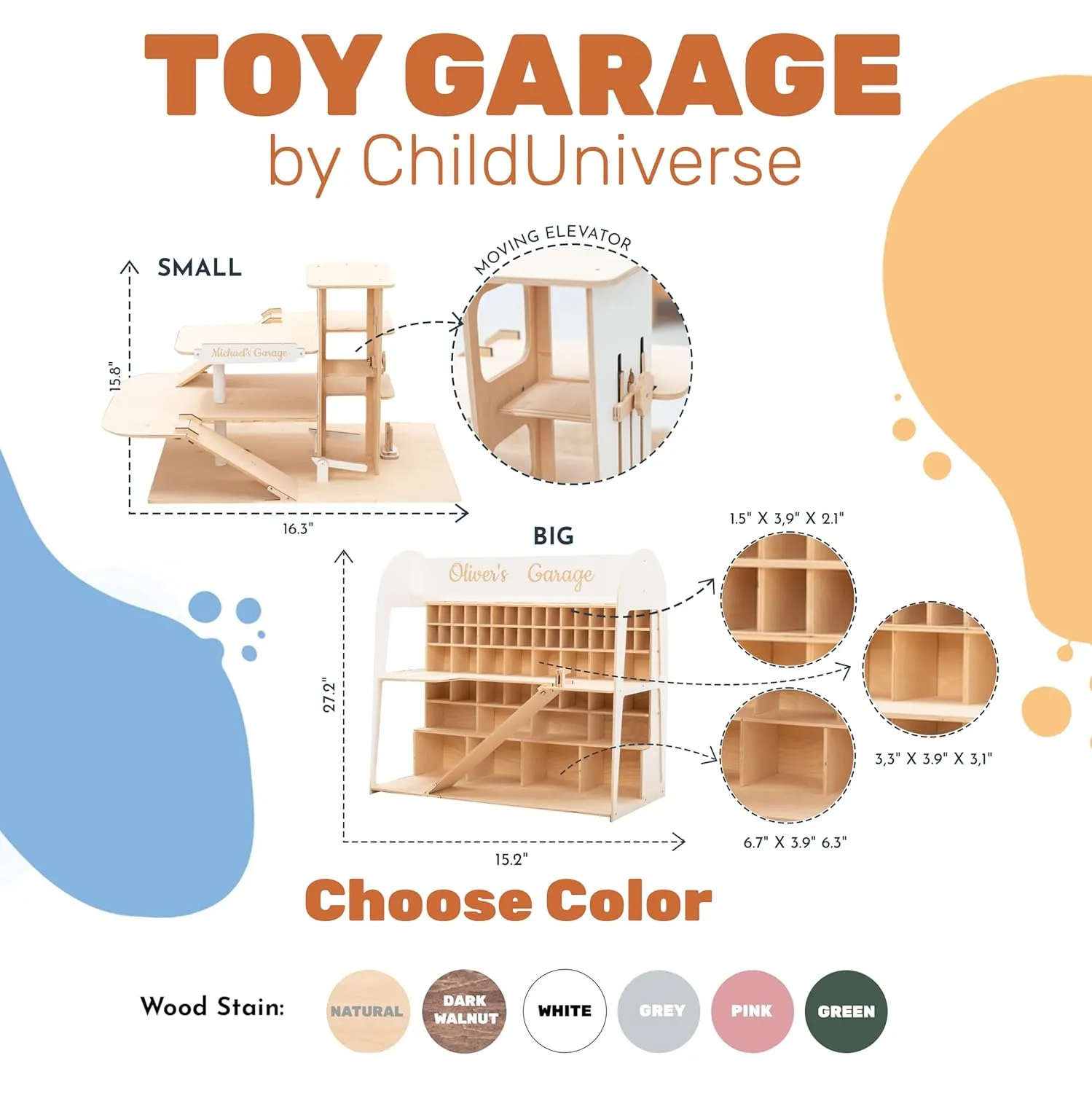 Toddlers 1-4 Years Old Organizer Case Shelf for Mini Toy Cars (Small, Green) Toy Parking Garage with recovery Elevator Wooden Toy Car Storage Hot Wheels Car Compatible Gift for 