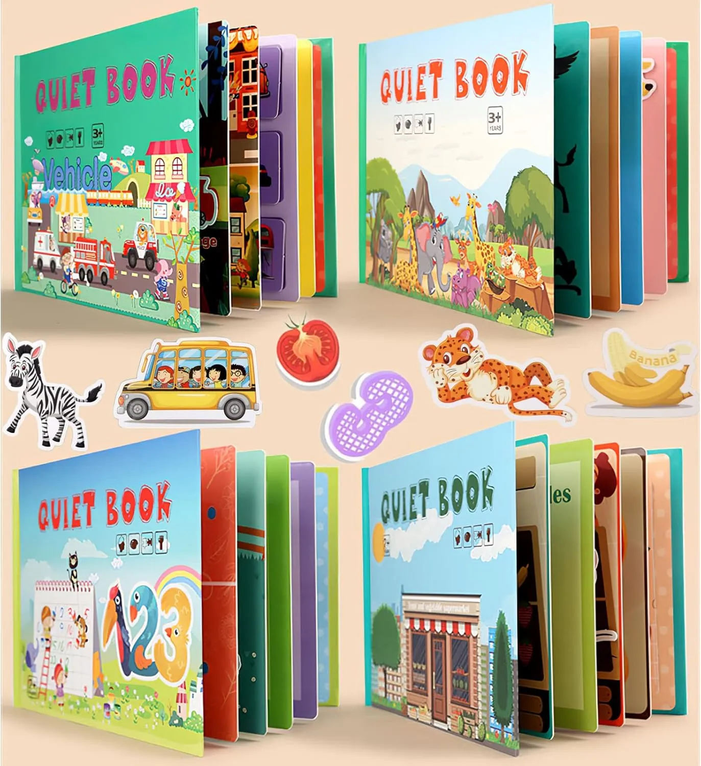 Toddlers, Montessori Busy Book for Kids to Develop Learning Skills, Quiet Book, Animal Vehicle Number Fruit job spaghetti repay charisma deteriorate image Preschool Learning Activities Learning & Education Toys 4 Pack DIY Busy Book for 