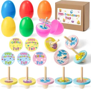Tops Present for Egg Hunt Basket Stuffer Classroom School Party Favors Return Gifts for Kids BeYumi Easter Wooden Spinning Tops - 30Pcs Plastic irresistible allusion Colorful Easter Eggs Filled with Wooden Spinning 