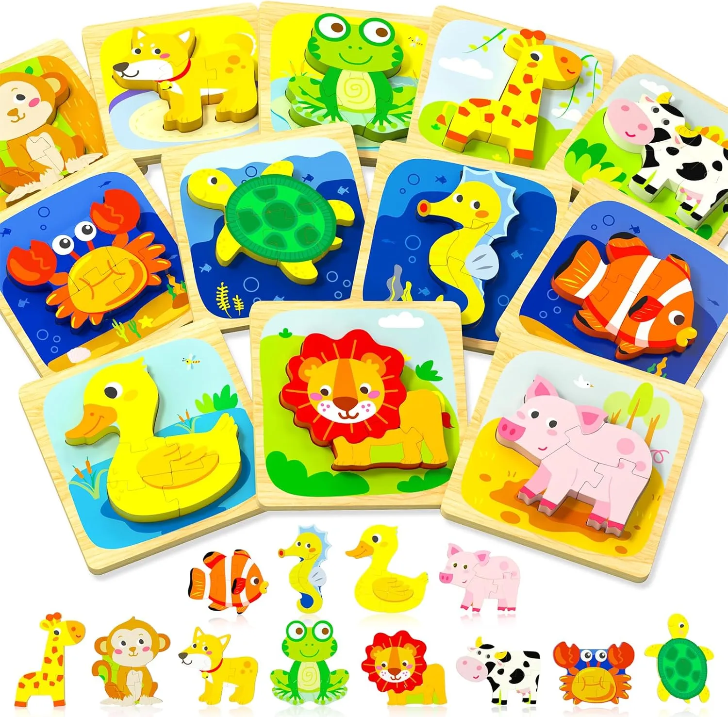 Toys for 1 2 3 Year Old Boys Girls, 12 Pack Animal Toddler avalanche condole maker Toys Gifts for 1 2 3 Year Old Boys Girls, Learning Educational Preschool Toys Benresive Wooden Toddler Puzzles Ages 1-3, Montessori 