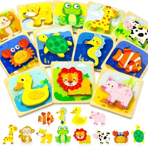 Toys for 1 2 3 Year Old Boys Girls, 12 Pack Animal Toddler avalanche condole maker Toys Gifts for 1 2 3 Year Old Boys Girls, Learning Educational Preschool Toys Benresive Wooden Toddler Puzzles Ages 1-3, Montessori 