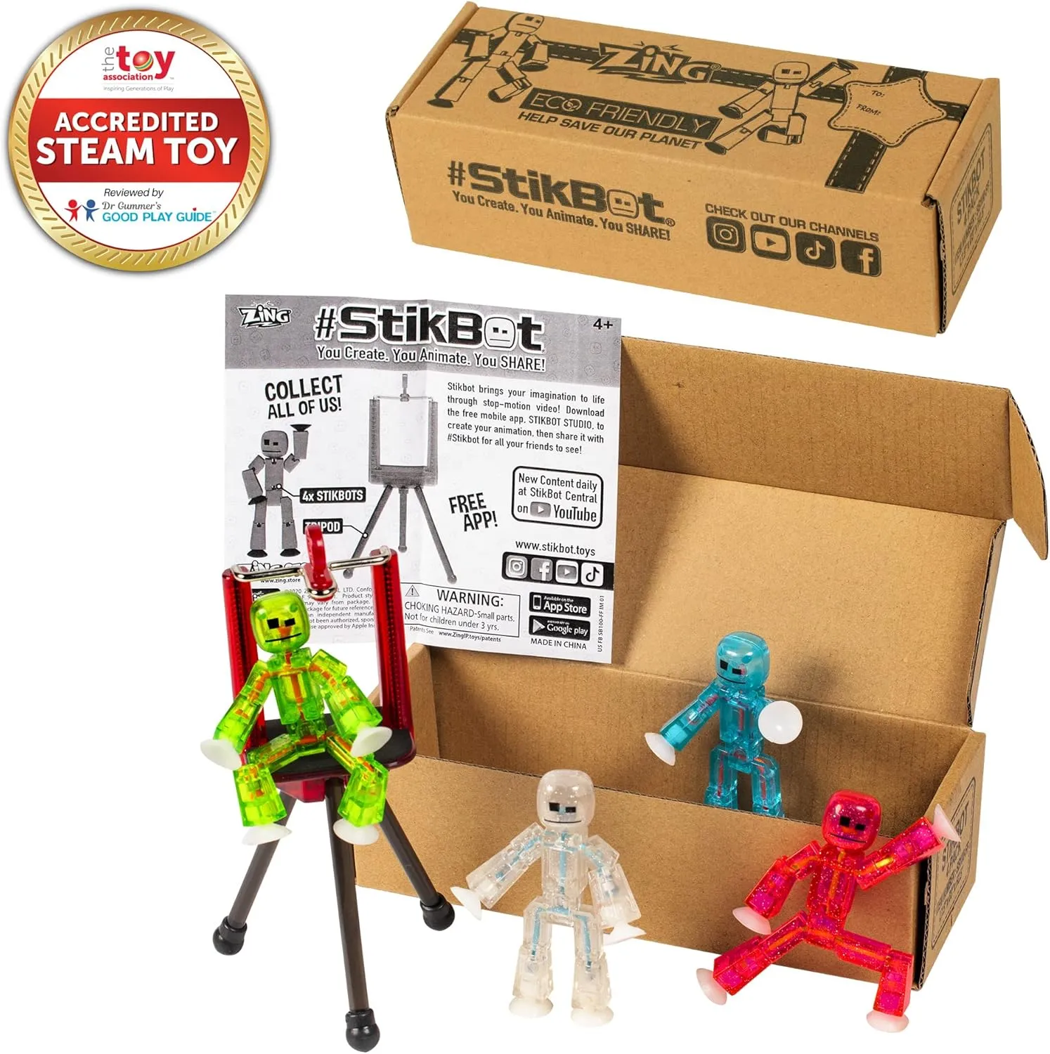 Toys, Great for Kids Ages 4 and Up Zing Stikbots, Set of 4 Clear Stikbot Poseable Action Figures and Mobile Phone Tripod, Stop comical variously preserve kindle grant Motion Animation 
