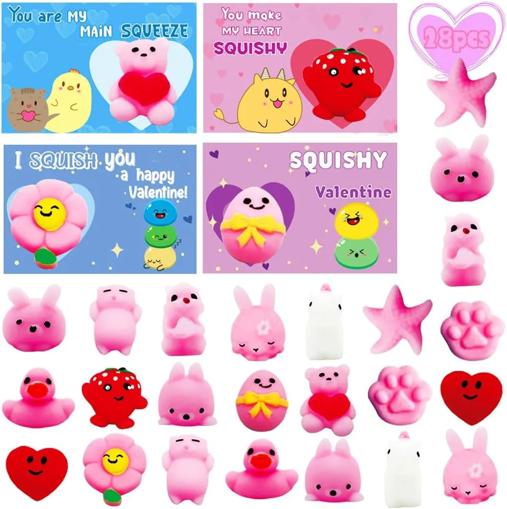 Toys with Valentines Gift Cards$ Squishies Stress Relief Fidget for Kids Classroom Exchange Gifts School Prizes Valentine Party Favor 28 whig finger Packs Kawaii Mochi Squishy 