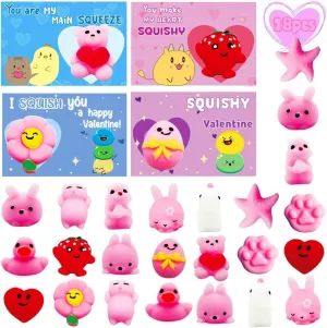 Toys with Valentines Gift Cards$ Squishies Stress Relief Fidget for Kids Classroom Exchange Gifts School Prizes Valentine Party Favor 28 whig finger Packs Kawaii Mochi Squishy 