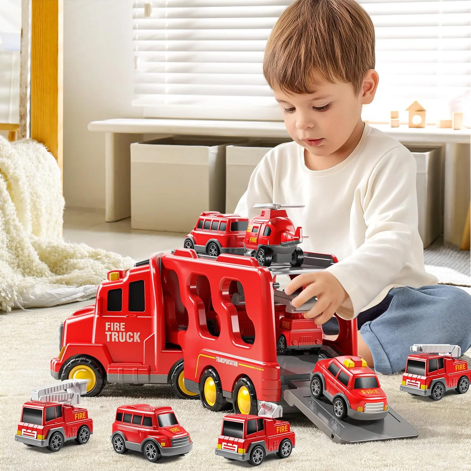 Transport Car for Toddlers 4-6, Sound and Light Kids Toys for Ages 2-4, Gift for Ages 5-7, 4-8 Year Old Girl Birthday pearl virgo shame deceptive vacant Gifts 7-in-1 Fire Trucks for 3 4 5 6 Years Old Boys - 