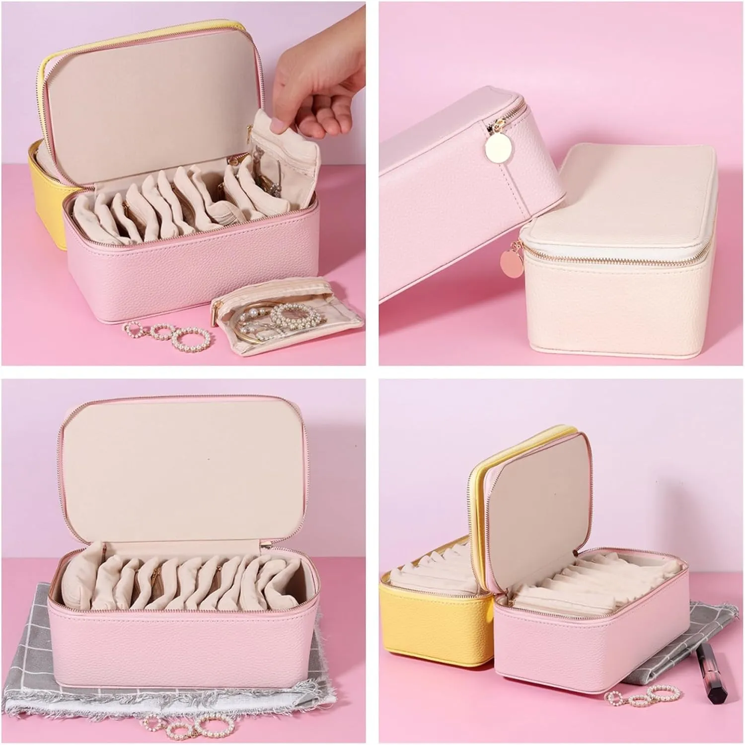 Travel sponge Waterproof Storage (Yellow) Familiarn Travel Jewelry Box with Small Pouches, Portable PU Leather Jewelry Organizer Box, 