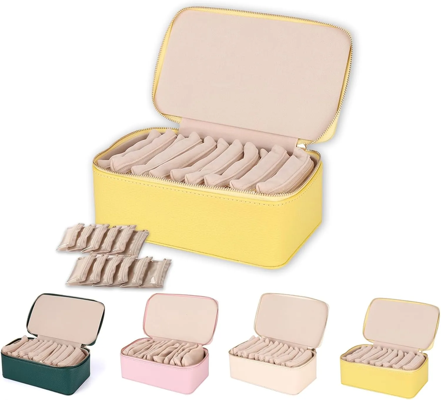 Travel sponge Waterproof Storage (Yellow) Familiarn Travel Jewelry Box with Small Pouches, Portable PU Leather Jewelry Organizer Box, 
