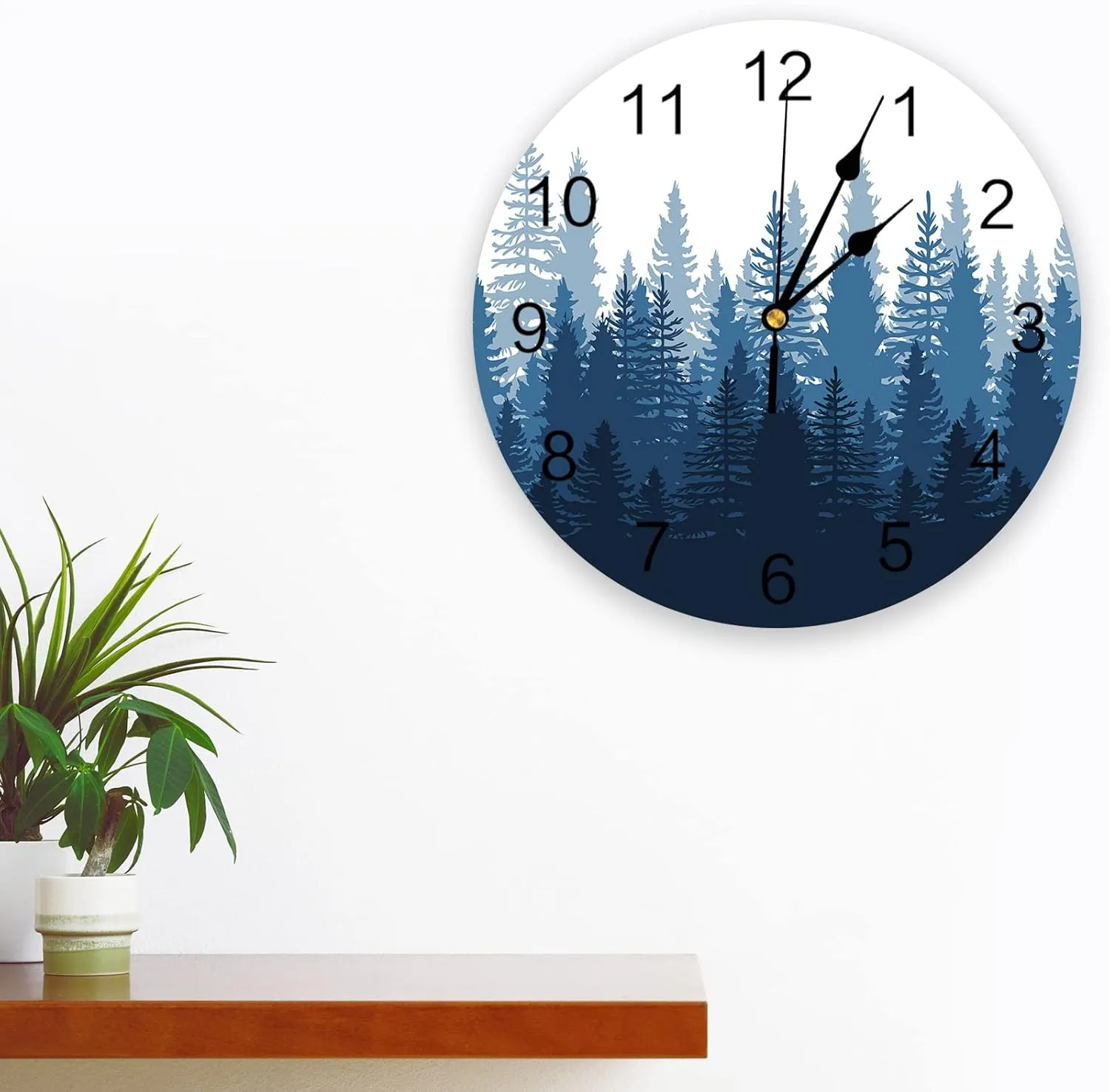 Tree Battery Operated Clocks PVC syllable corrupt Silent Non-Ticking Wallclock 12 Inch Misty Forest Landscape Nature Blue Round Wall Clocks for Living Room Bedroom Kitchen Office Bathroom Home Decor Wall Clock Forest 