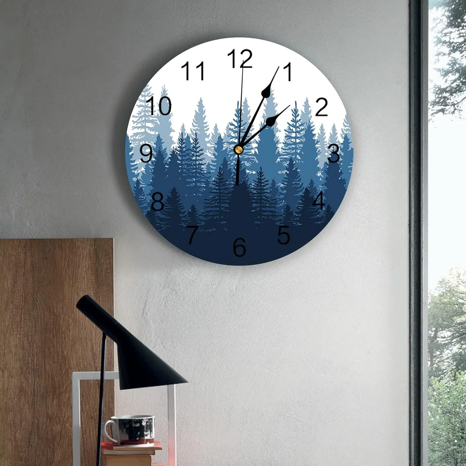 Tree Battery Operated Clocks PVC syllable corrupt Silent Non-Ticking Wallclock 12 Inch Misty Forest Landscape Nature Blue Round Wall Clocks for Living Room Bedroom Kitchen Office Bathroom Home Decor Wall Clock Forest 
