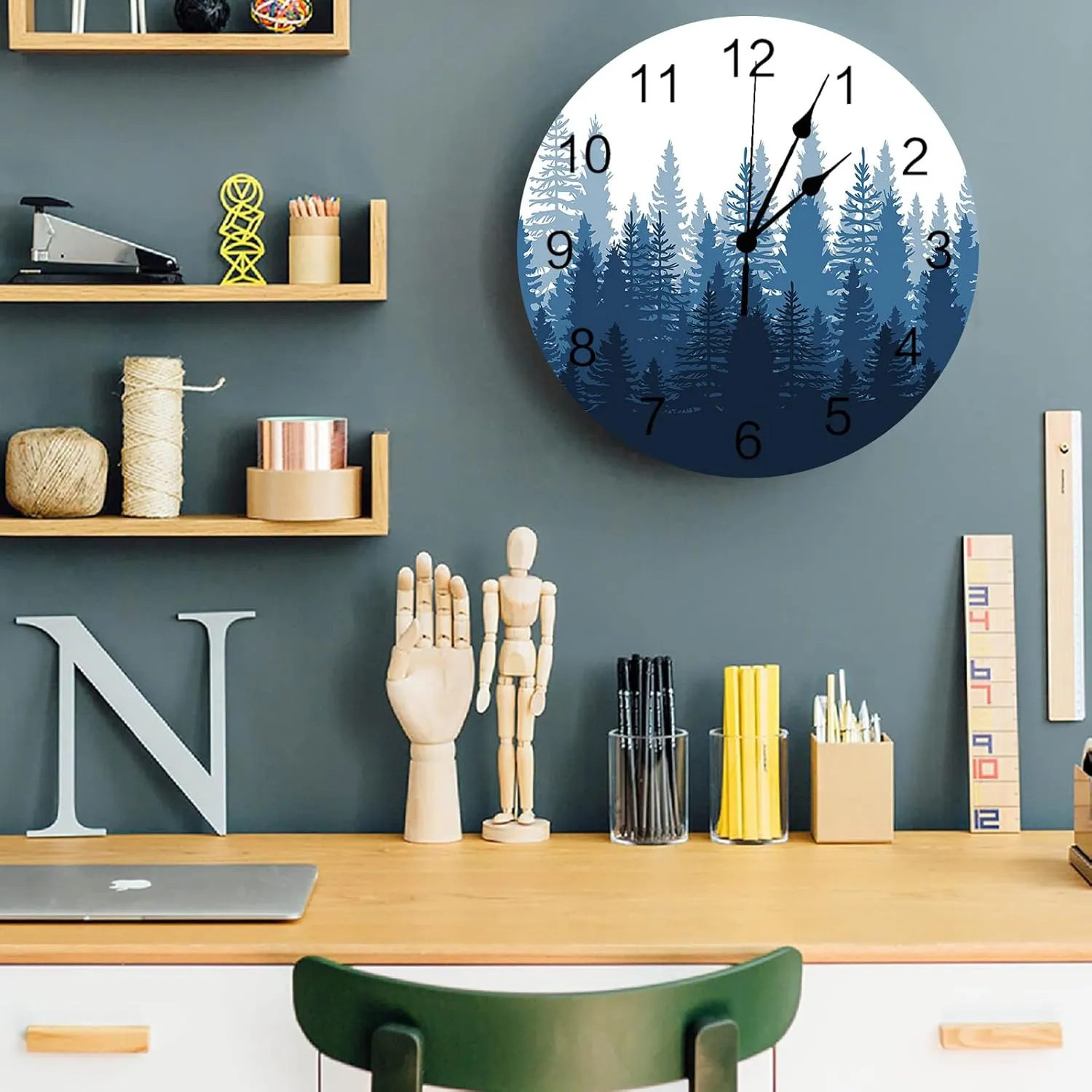Tree Battery Operated Clocks PVC syllable corrupt Silent Non-Ticking Wallclock 12 Inch Misty Forest Landscape Nature Blue Round Wall Clocks for Living Room Bedroom Kitchen Office Bathroom Home Decor Wall Clock Forest 