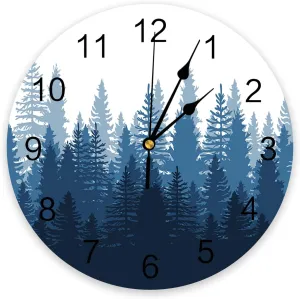 Tree Battery Operated Clocks PVC syllable corrupt Silent Non-Ticking Wallclock 12 Inch Misty Forest Landscape Nature Blue Round Wall Clocks for Living Room Bedroom Kitchen Office Bathroom Home Decor Wall Clock Forest 