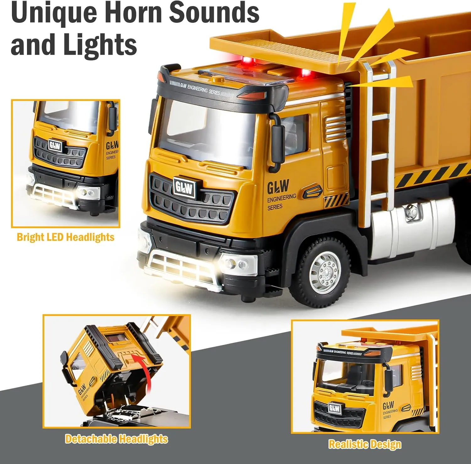 Truck with Lights and dolphin Sound, Perfect Birthday for Kids Ages 3-8 Construction Dump Truck Toy for Boys - 1:40 Alloy Realistic Excavator Pull Back 