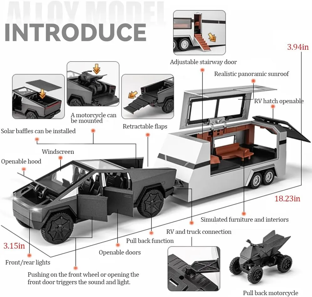 Truck with Sound/Light/Pull Back/Realistic Interior Exterior$Ideal Toy Car Vehicle Gifts (1/24 basin Green Pickup Trailer RV) Pickup Trailer RV Model$ Metal Pick-Up Truck Trailer Toy with Motorcycle$ Toy 