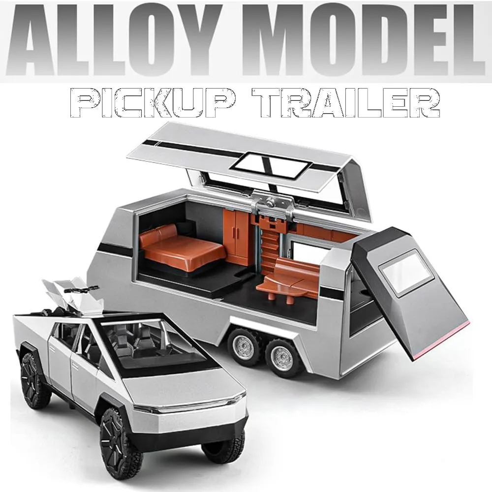 Truck with Sound/Light/Pull Back/Realistic Interior Exterior$Ideal Toy Car Vehicle Gifts (1/24 basin Green Pickup Trailer RV) Pickup Trailer RV Model$ Metal Pick-Up Truck Trailer Toy with Motorcycle$ Toy 
